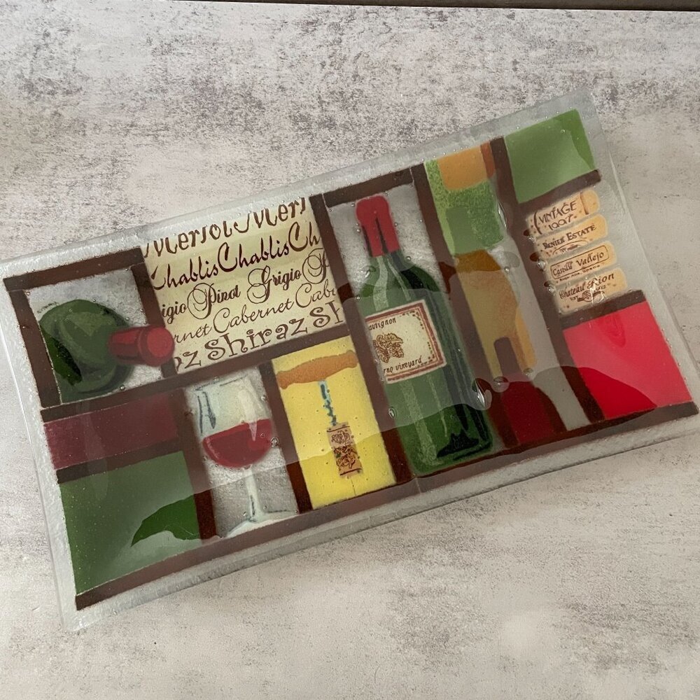 Vintage Peggy Karr Vino Wine Theme Fused Glass 13.5" x 7.5" Signed Serving Tray